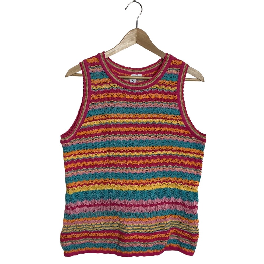 Boho Womens Medium Striped Crochet Pointelle Knit Sweater Tank Vest LIghtweigth